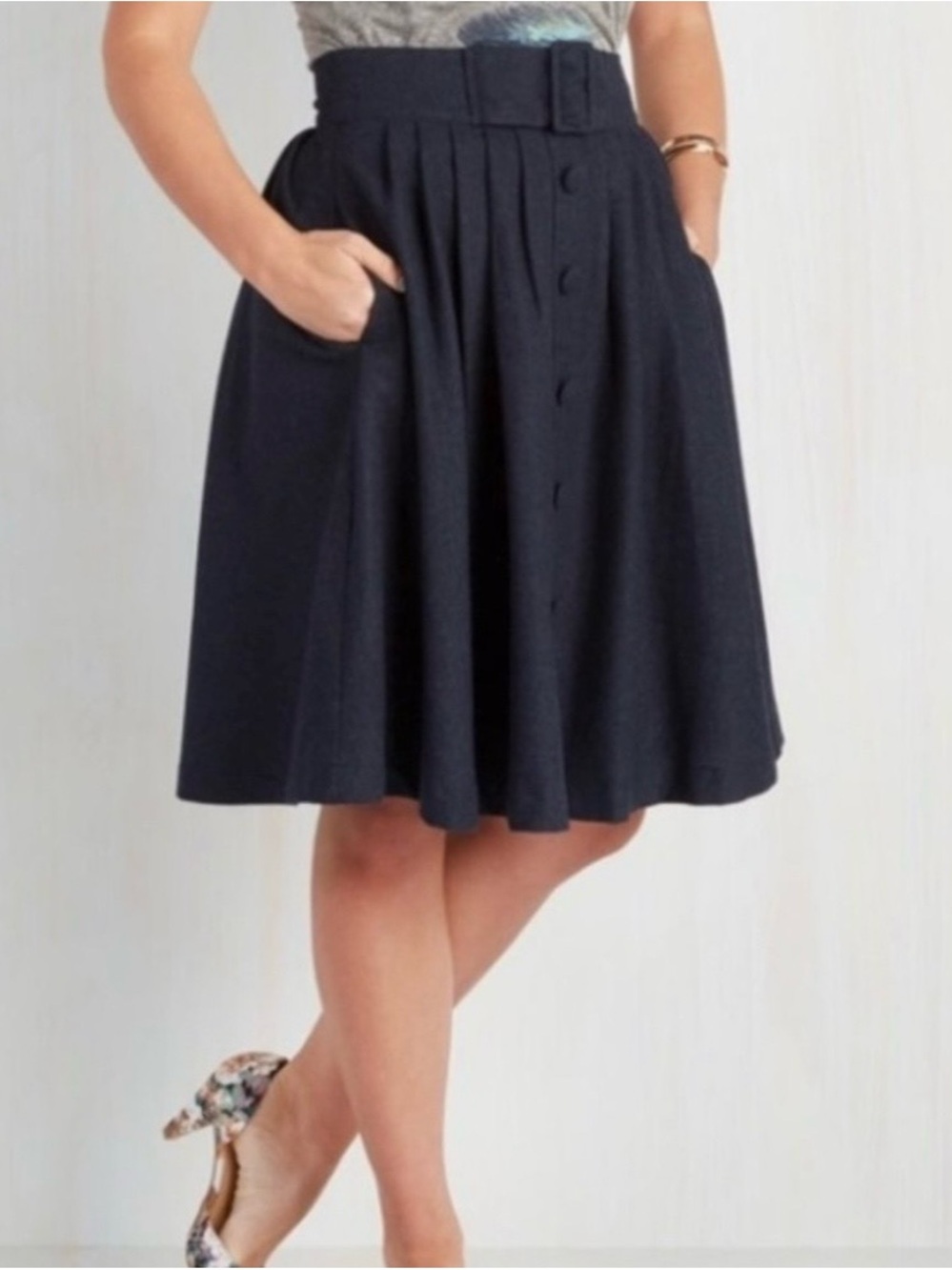Modcloth Intern of Fate Navy Wool Belted Full Skirt